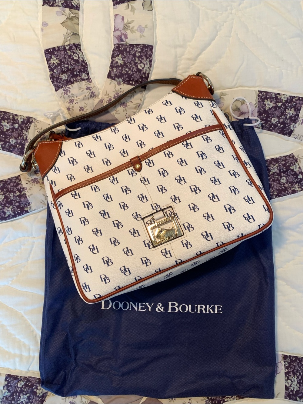 GENUINE Dooney & Bourke White w/ Blue Signature Monogram Shoulder Bag Brown Trim